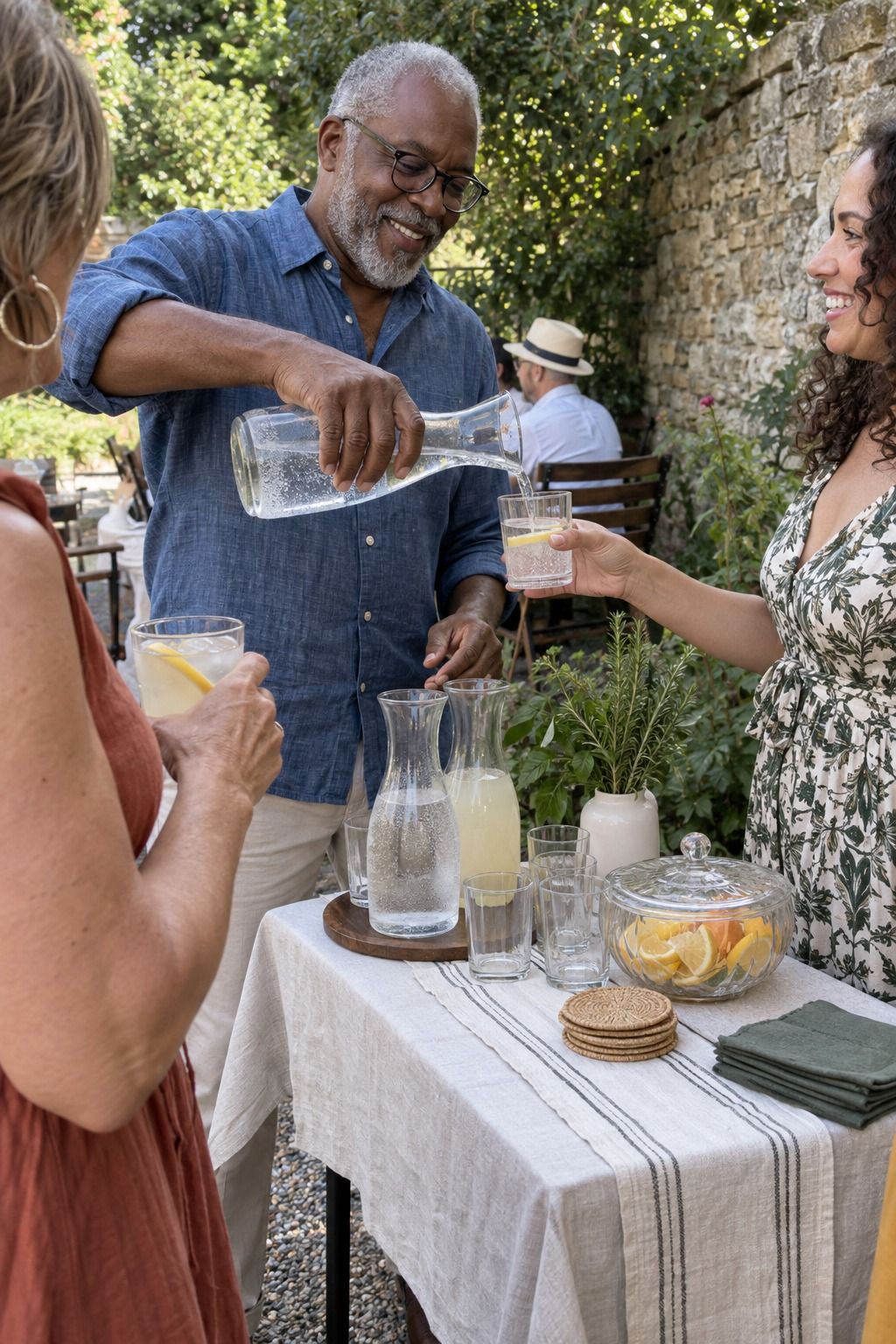 A host pours one simple garden-brunch drink from a compact active station with water and an alcohol-free option, not a full bar.