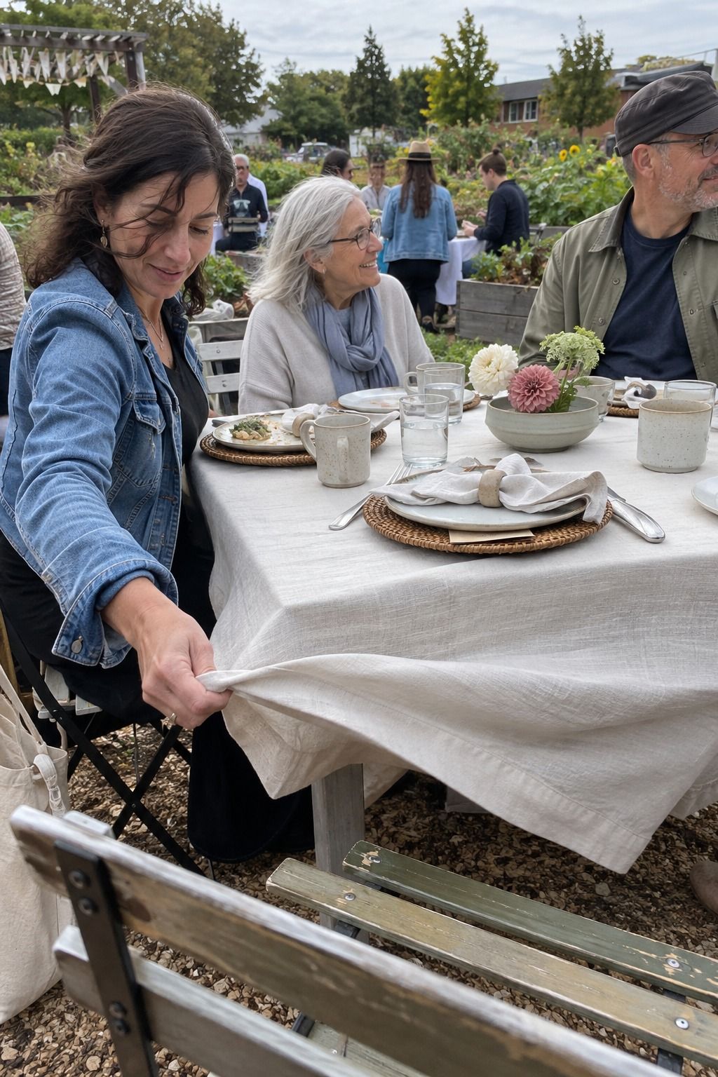 An occupied breezy community-garden table uses low weighted ceramics, a tucked menu and secured napkin with clear guest-service space.