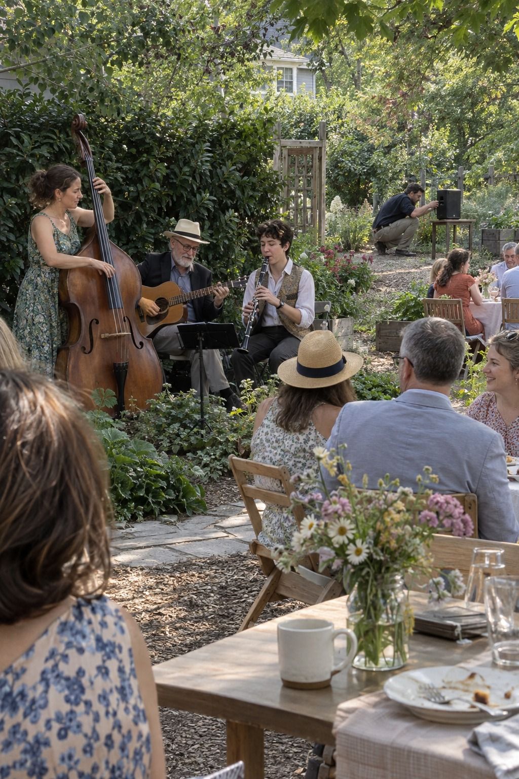 A small acoustic trio plays beside a hedge while a helper listens from guest-table distance and adjusts one safely placed speaker.