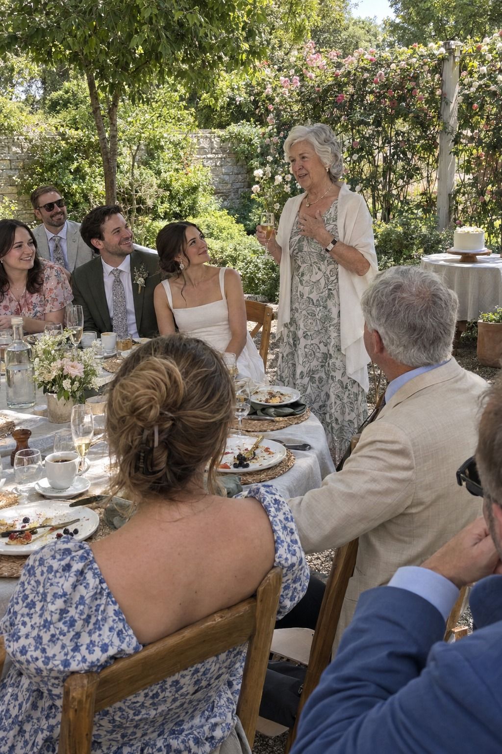Twelve guests share a daytime meal as a grandmother gives one brief toast; the couple stays seated among guests and the plain cake is separate.