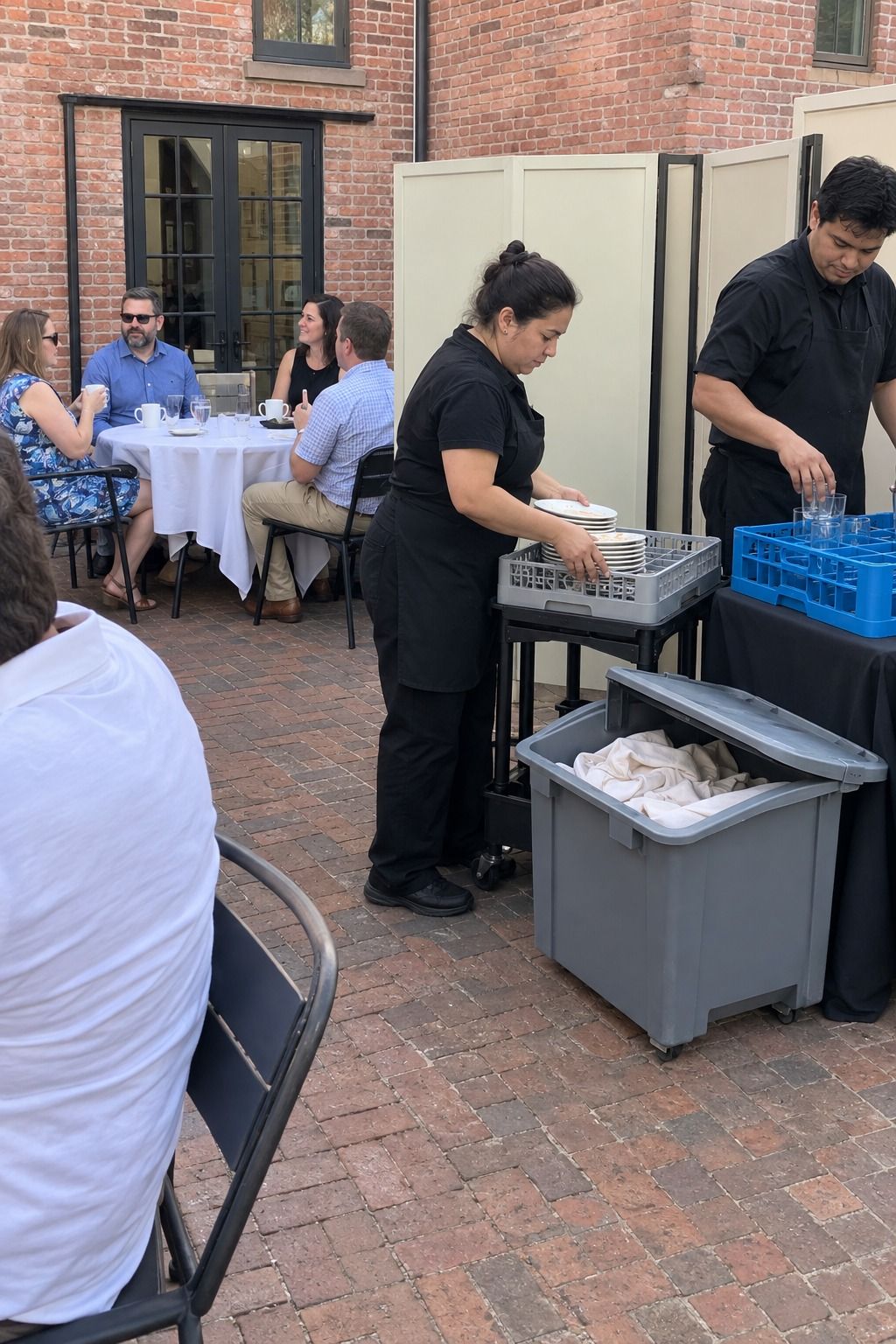 Staff quietly separate plates, glasses and linens along a flower-free screened side route while ordinary guests continue talking; no couple is repeated.