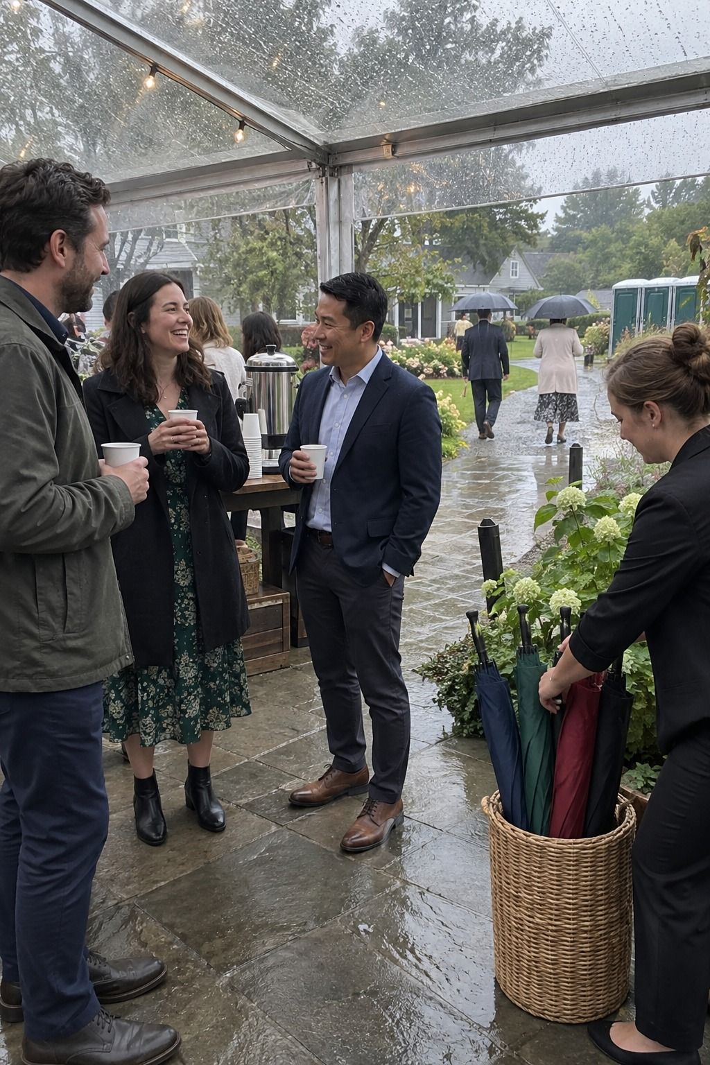 Guests pause comfortably under practical rain cover at the coffee and walkway junction while plain unmarked umbrellas wait nearby.