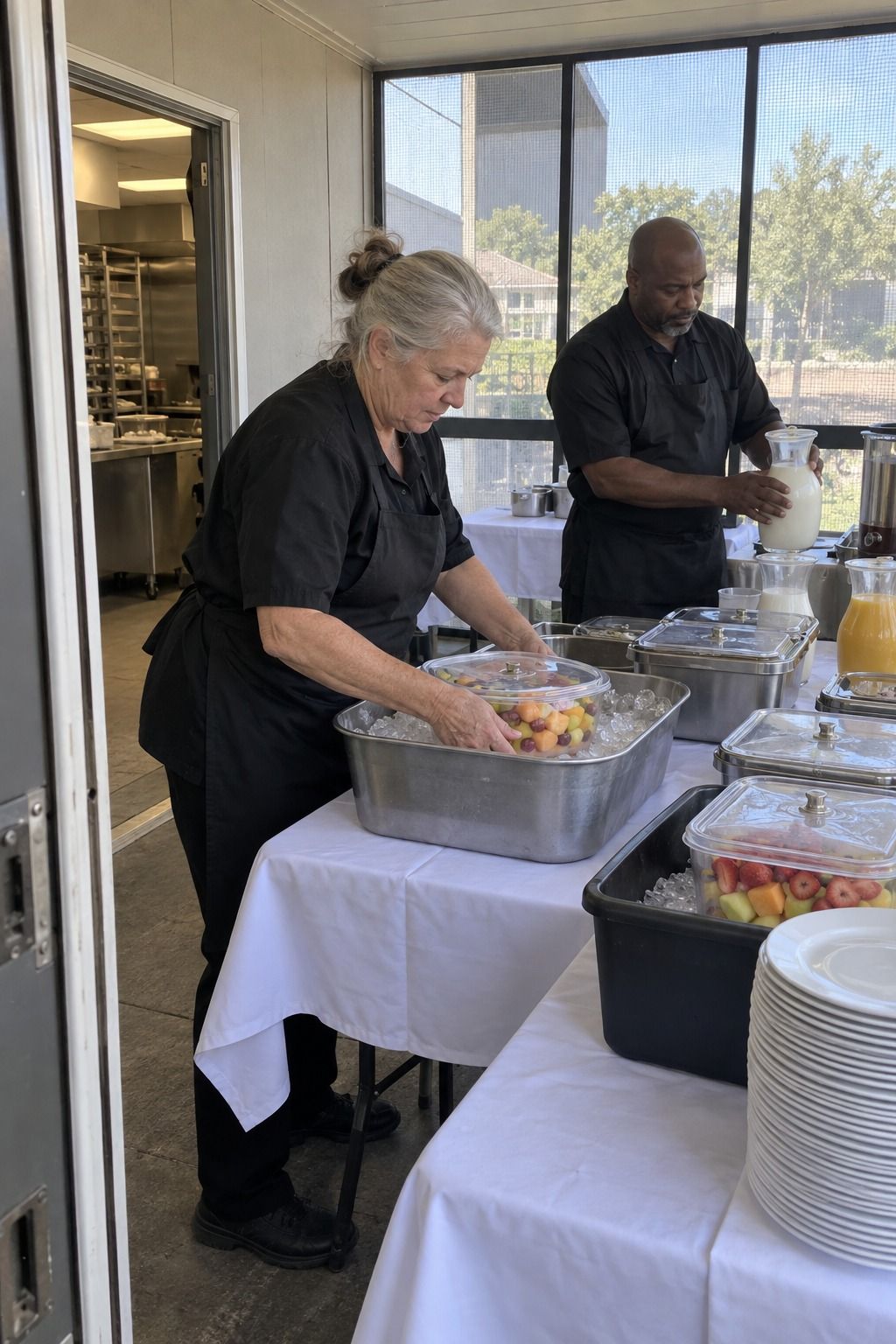 Caterers use unmarked lids, ice and small refills on a completely plant-free shaded screened porch immediately beside prep access.