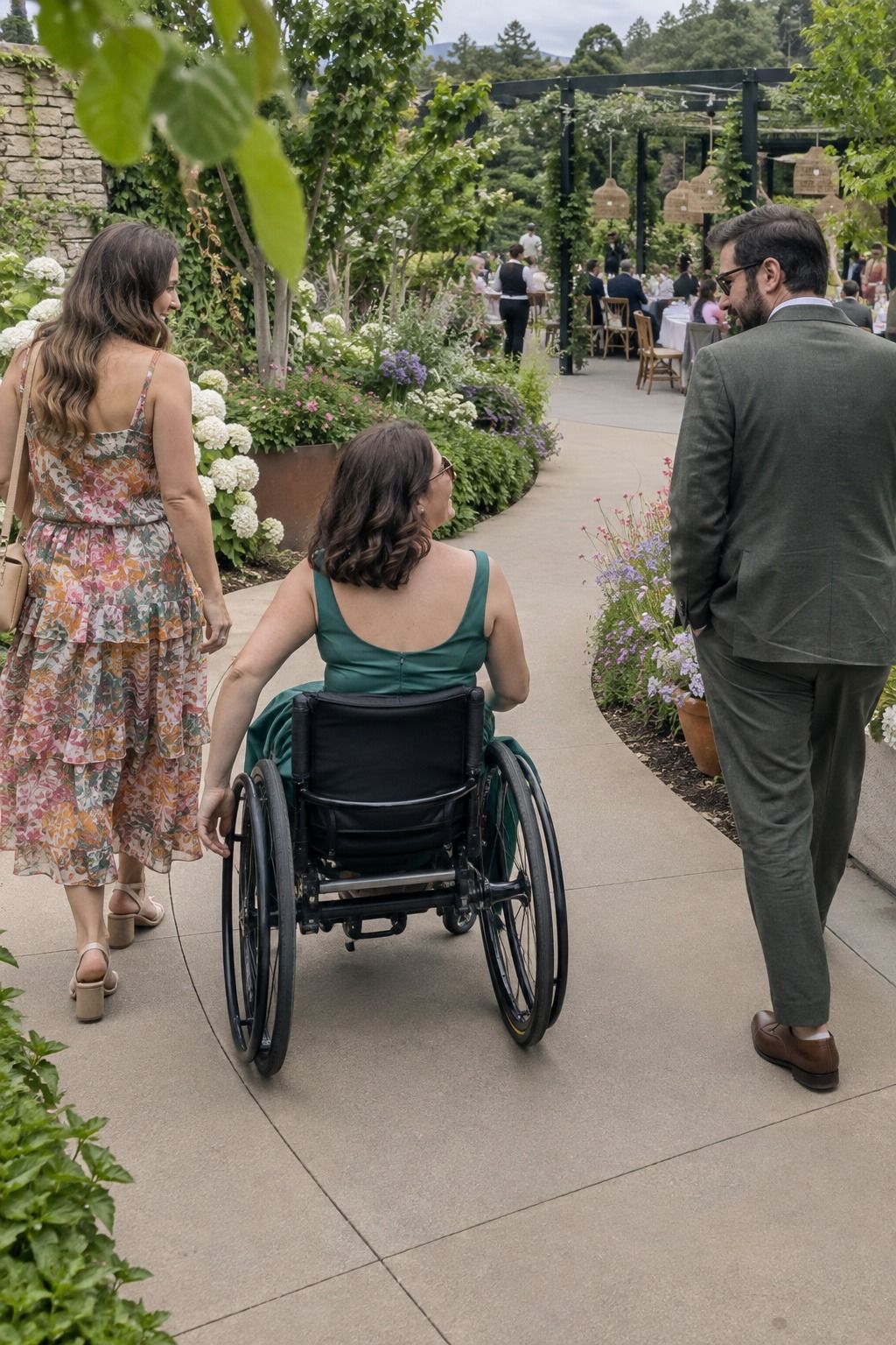 A wheelchair user and friends share the same wide flower-lined main path toward shaded brunch seating.