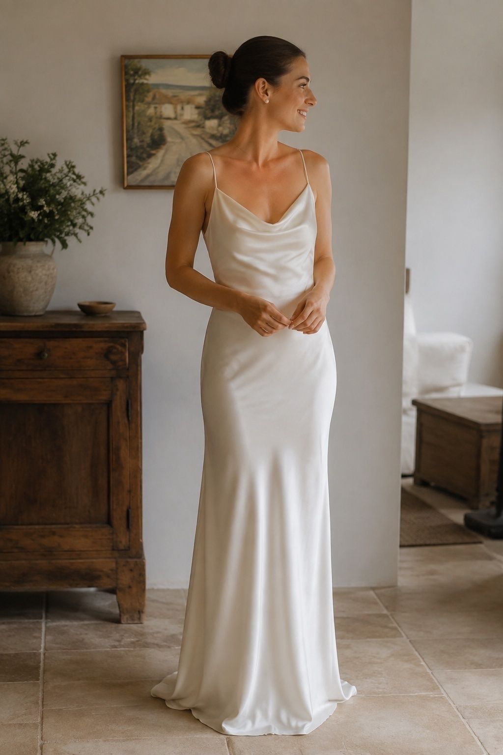 Bride in a bias-cut ivory satin slip wedding dress with fine straps and pearl studs