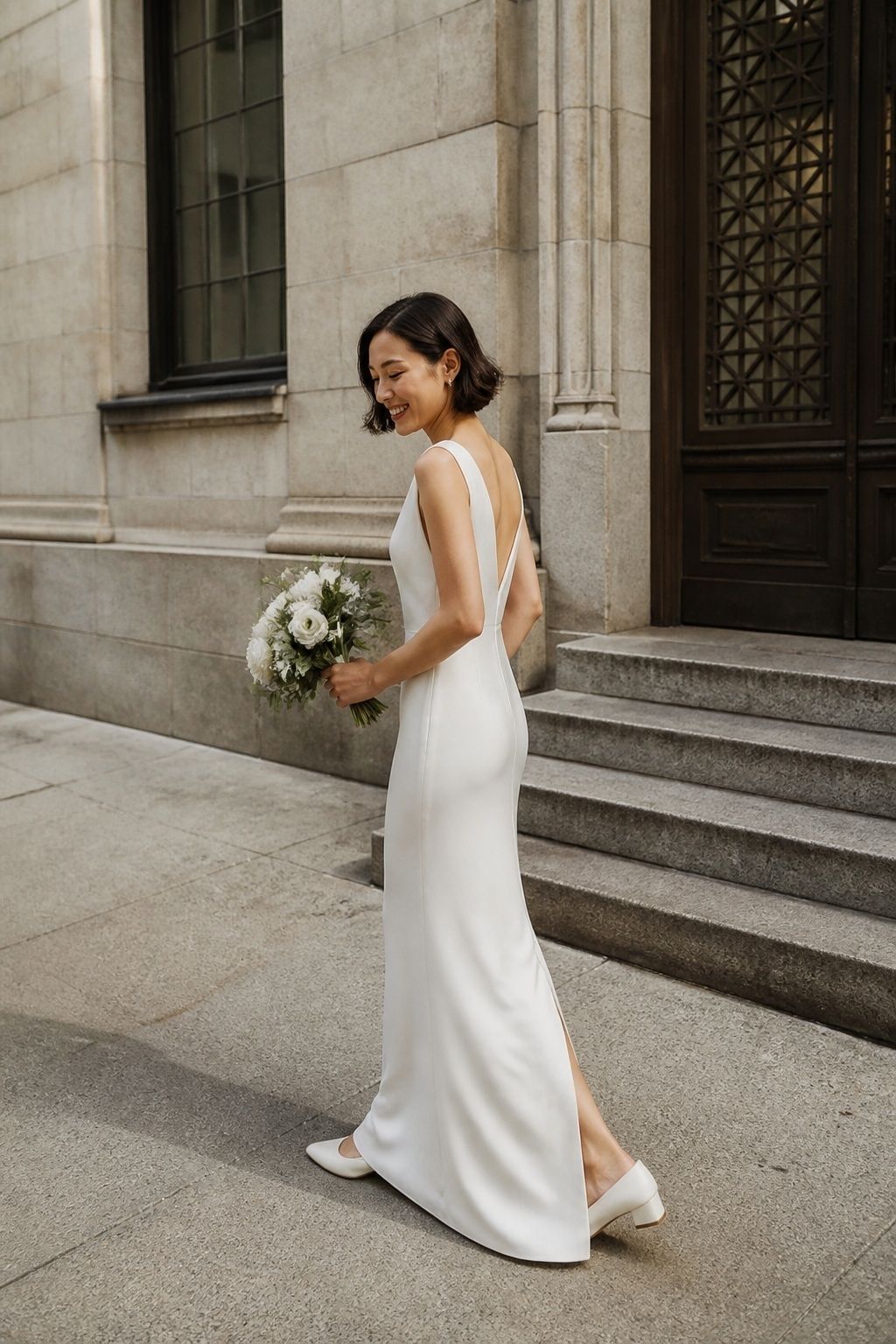 Bride walking outside city hall in a long ivory column wedding dress
