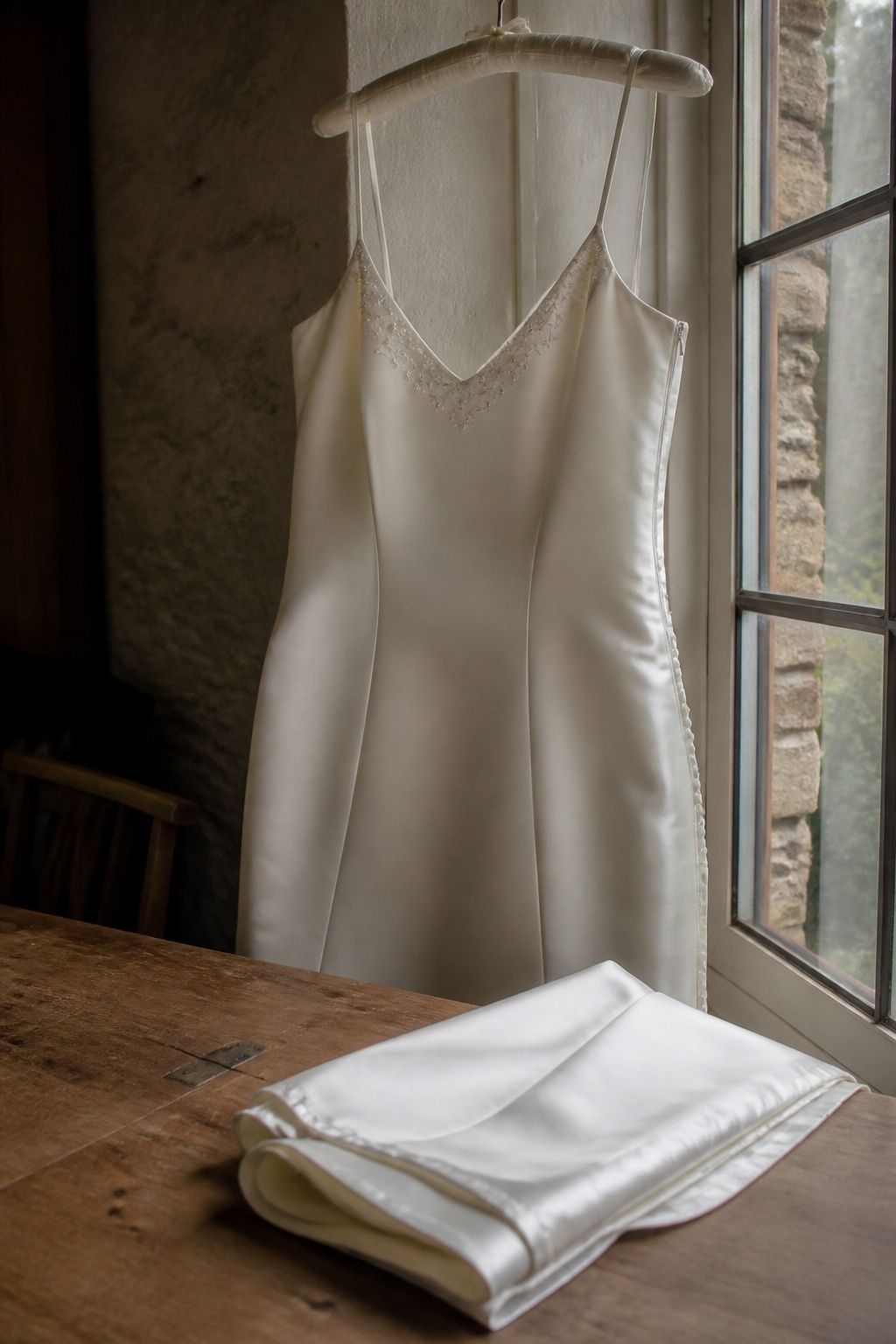 Vintage ivory satin wedding dress with subtle beading beside a folded hem at an alteration table