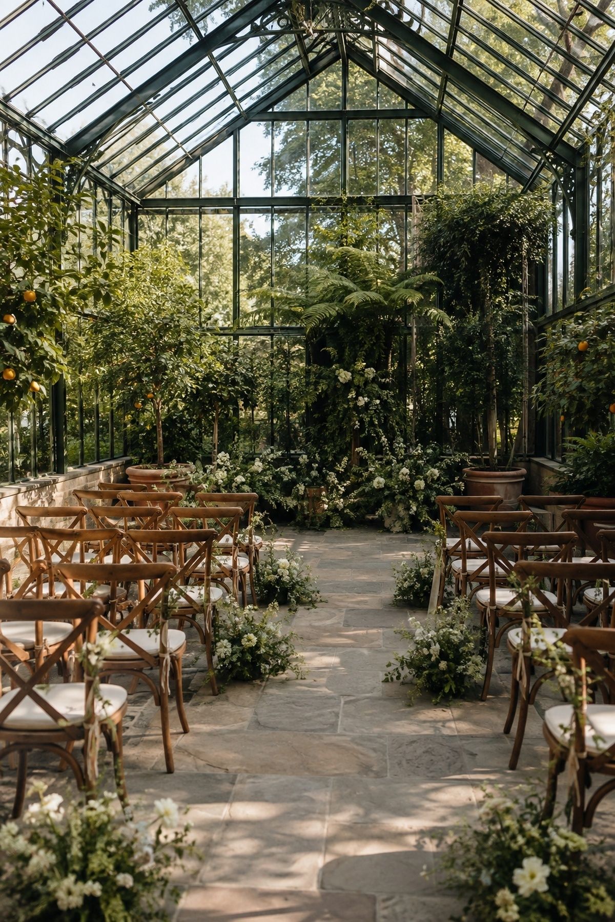 Ceremony set up inside a glass greenhouse