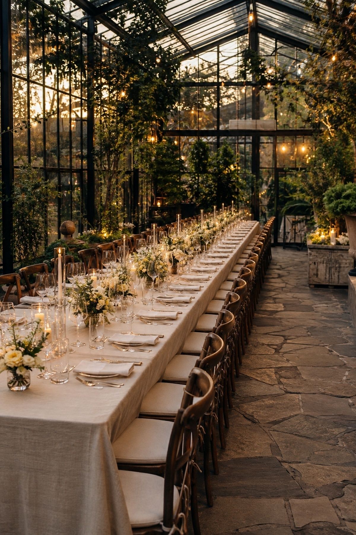 Dinner and toasts in a glass greenhouse