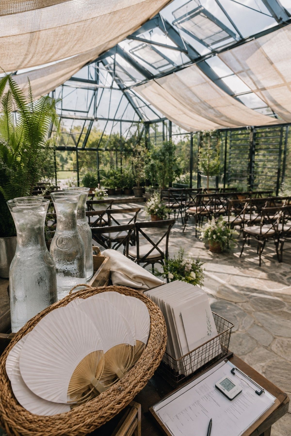 Thermometer check inside a greenhouse wedding venue
