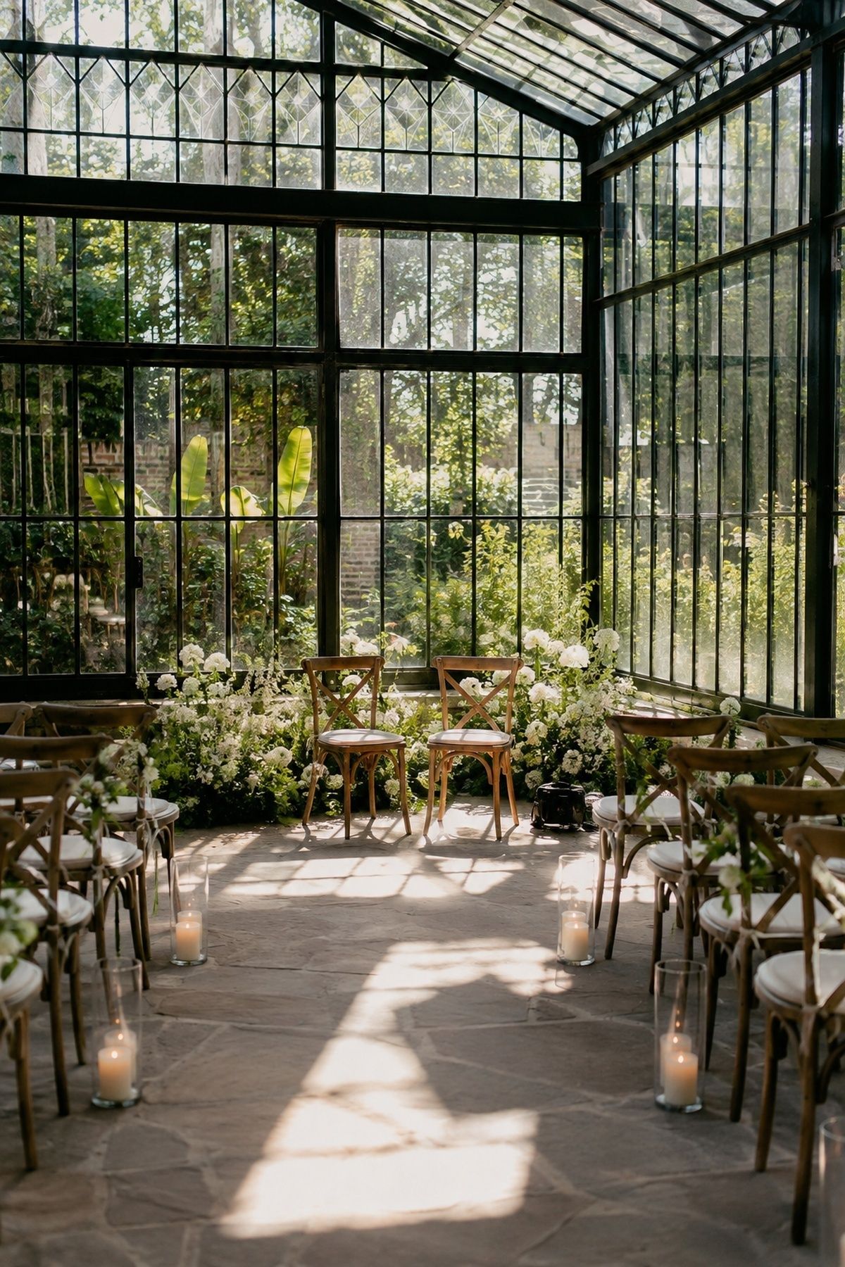 Sunlight and glare through greenhouse glass during photos