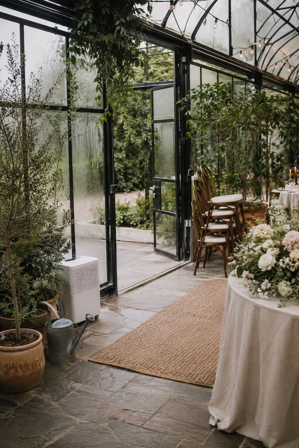 Condensation on greenhouse glass on a humid wedding day