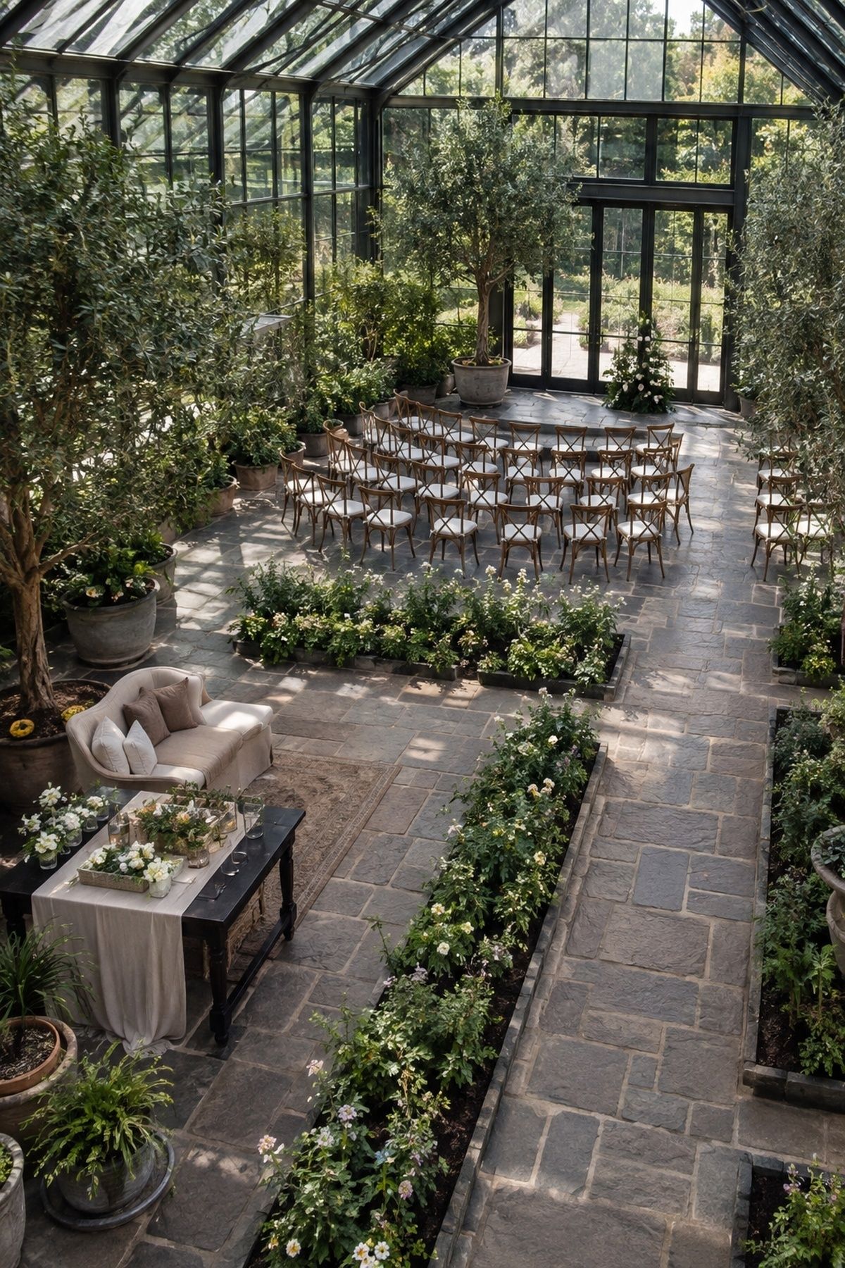 Clear pathways between plants in a greenhouse venue