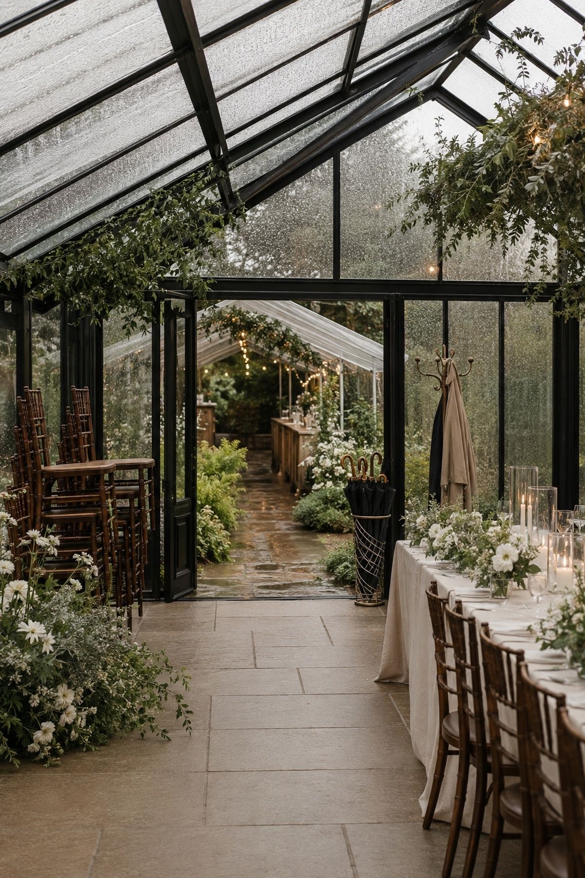 Rainy-day wedding plan inside a glass greenhouse