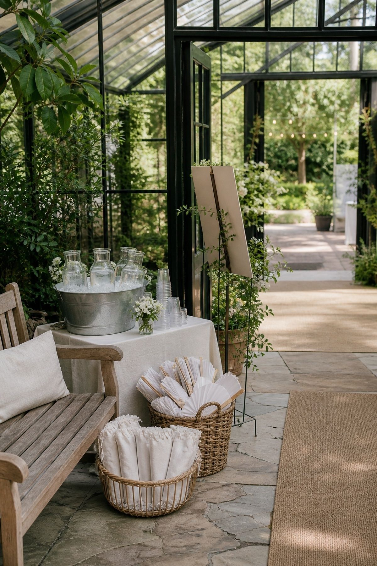 Guest comfort details at a greenhouse wedding