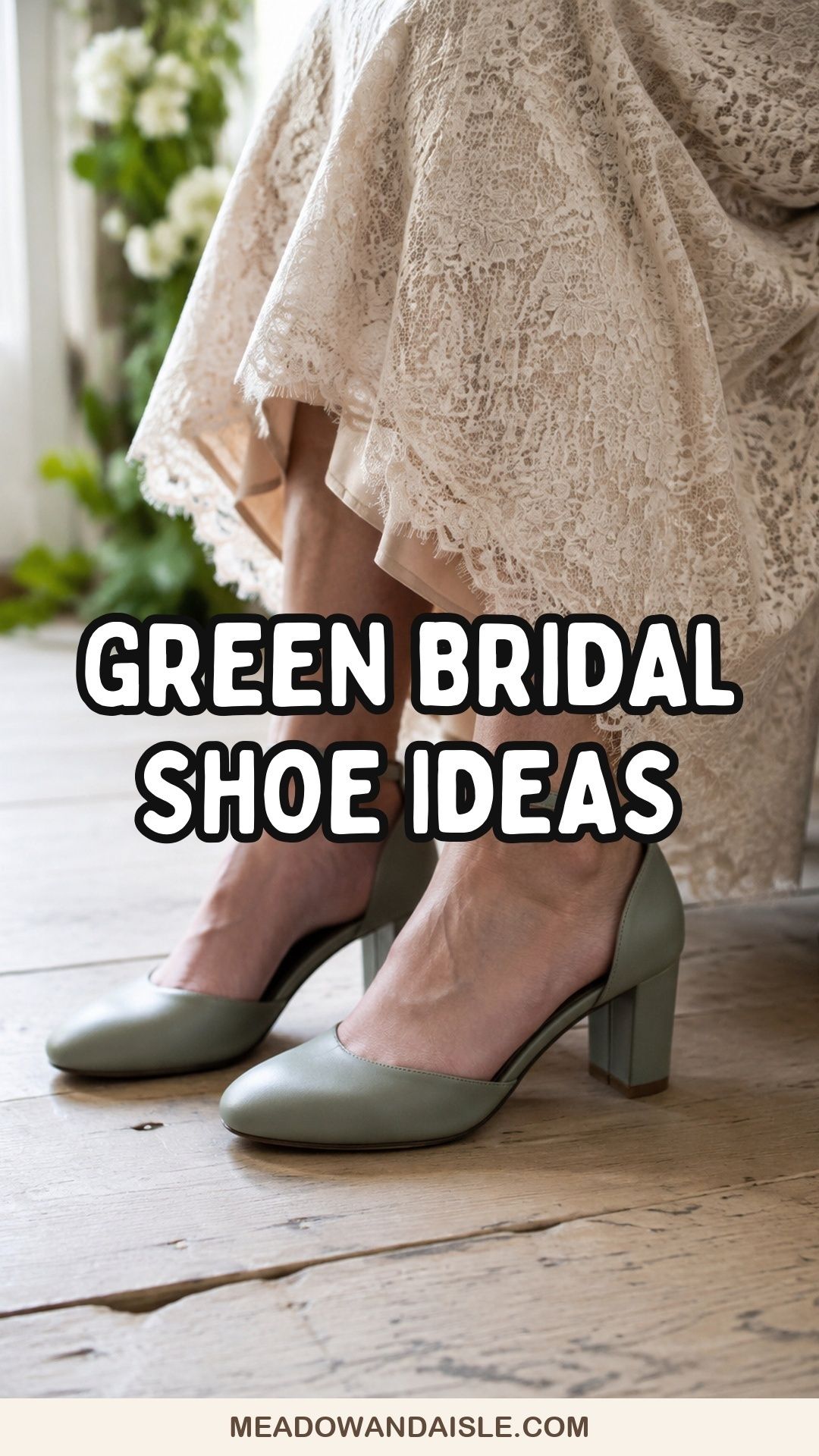 Green bridal shoe ideas with sage heels and ivory lace