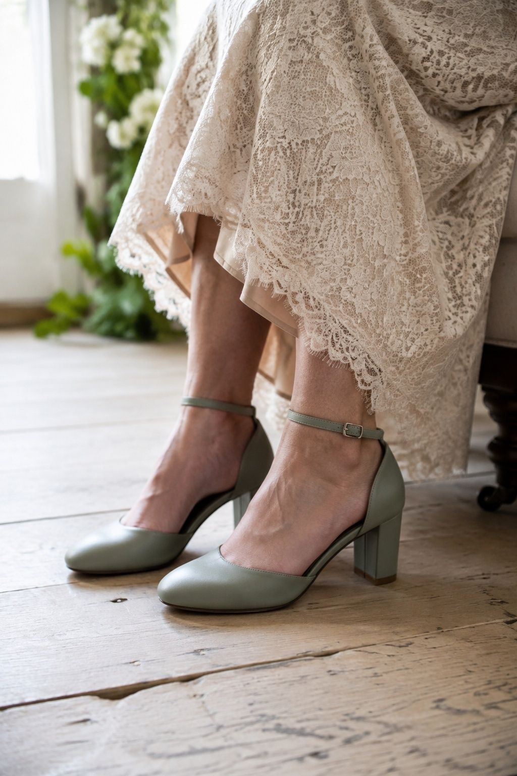 Sage green bridal heels with a lace dress
