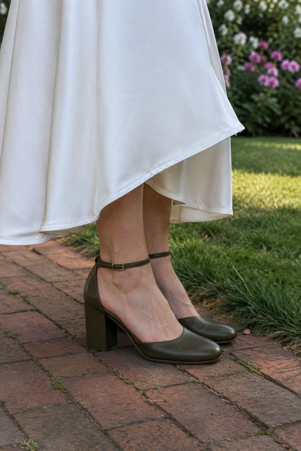 Olive green block heels for a garden ceremony