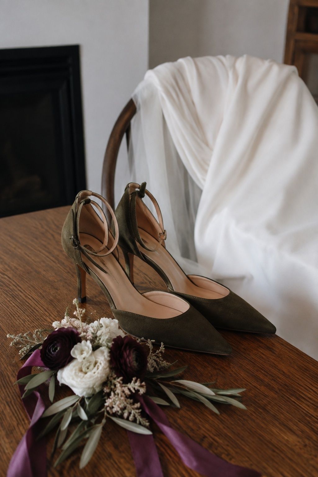 Olive shoes styled with a plum and olive palette
