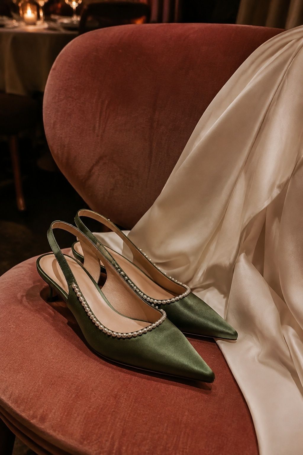 Pearl-trimmed green heels by candlelight