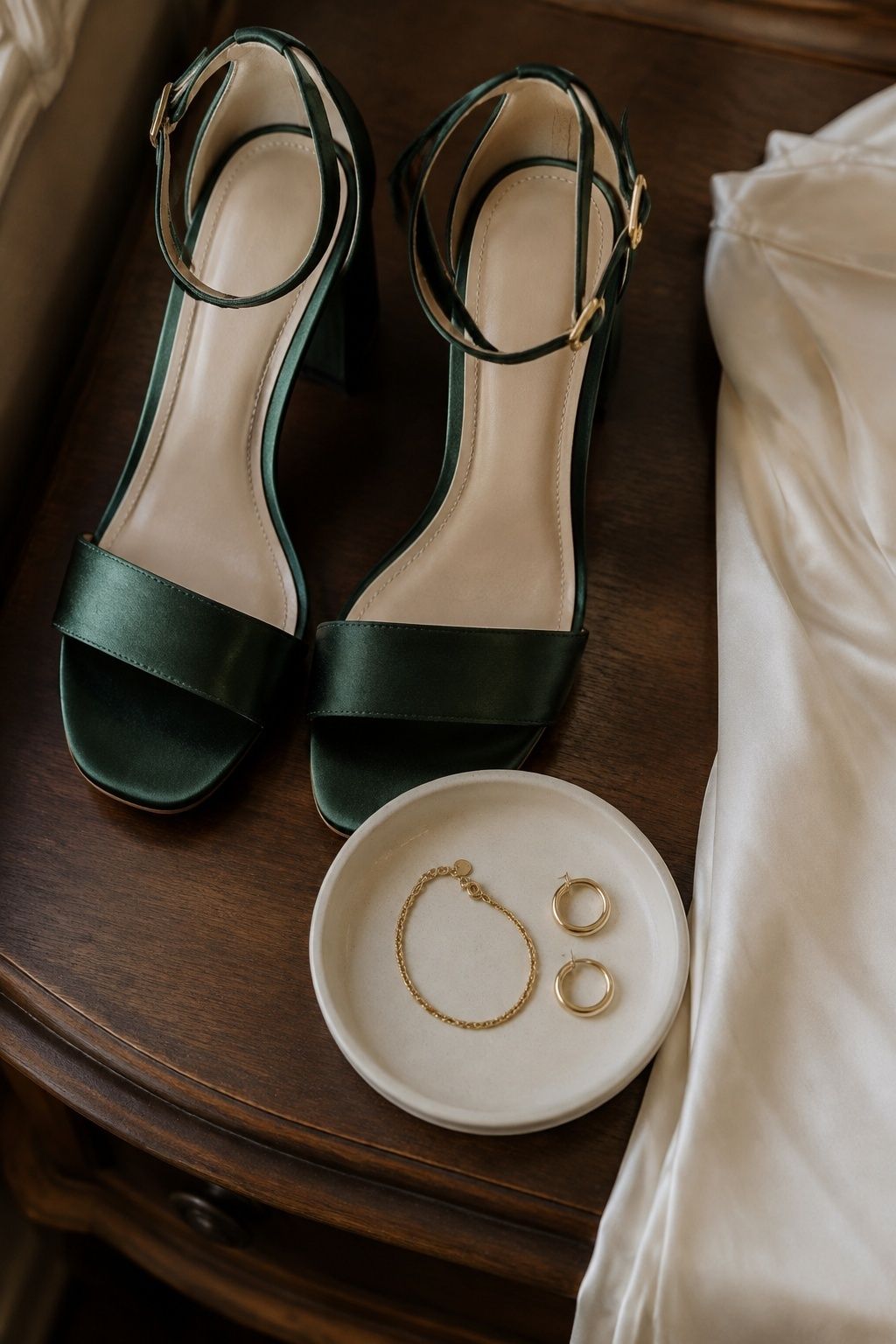 Forest green bridal heels styled with gold jewelry