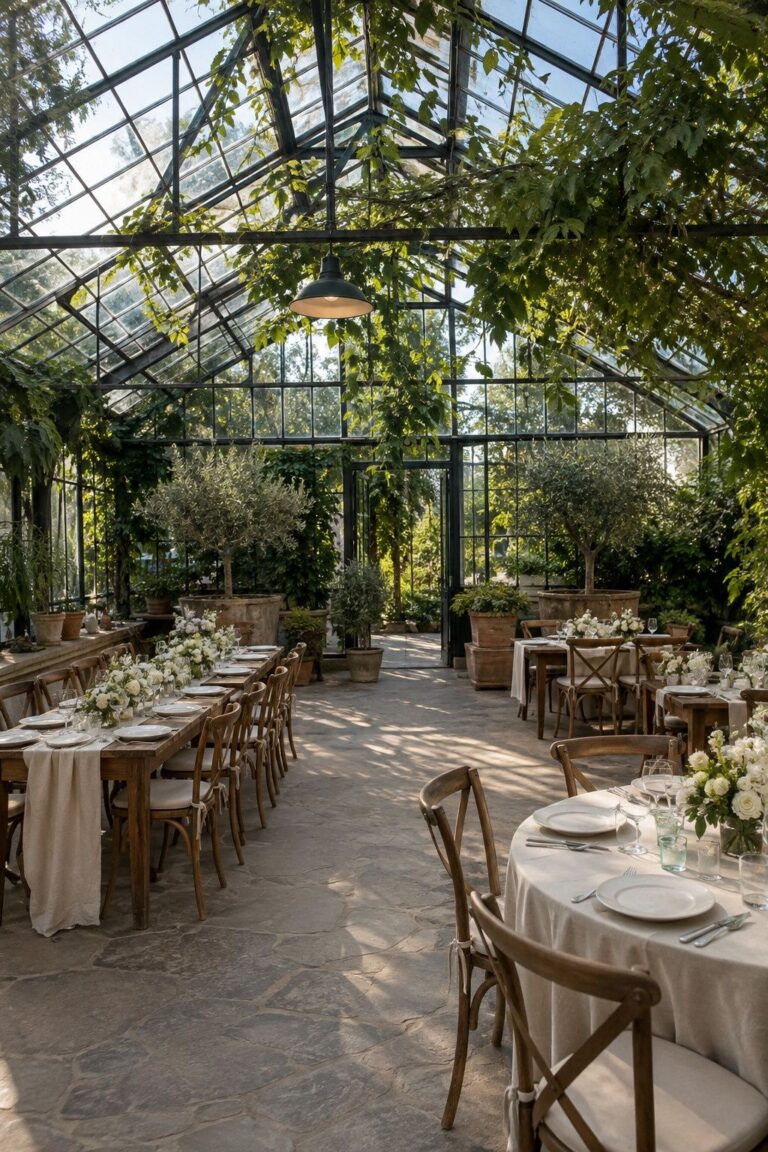 Greenhouse wedding idea: let the glass and plants be the main decor