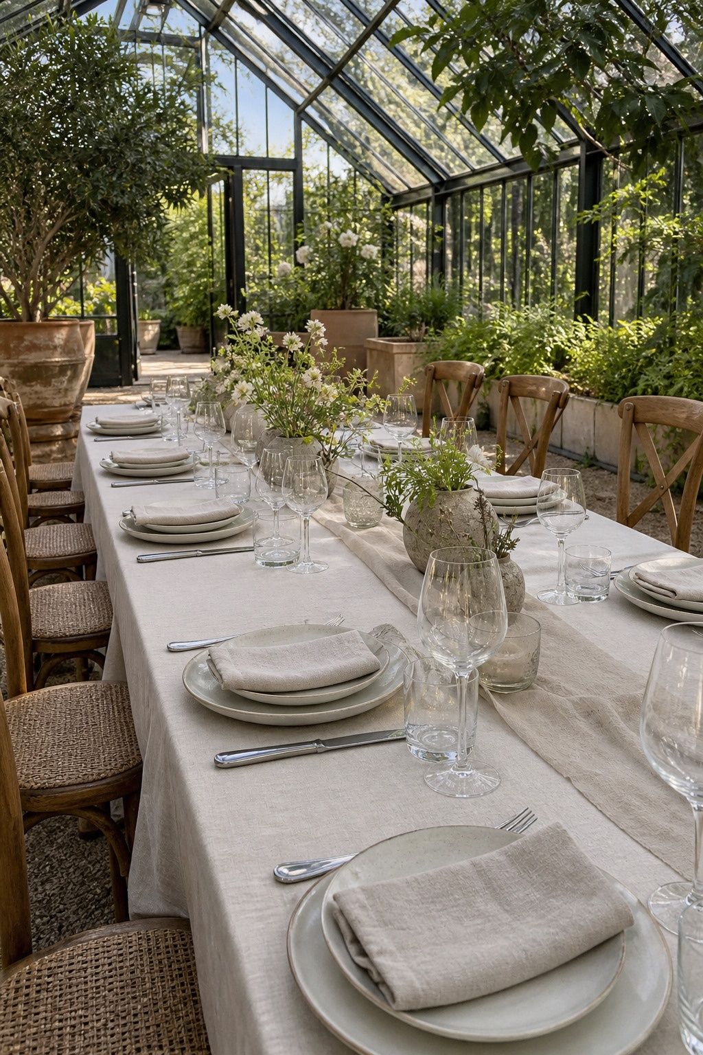 Greenhouse wedding idea: choose low tablescapes with natural texture