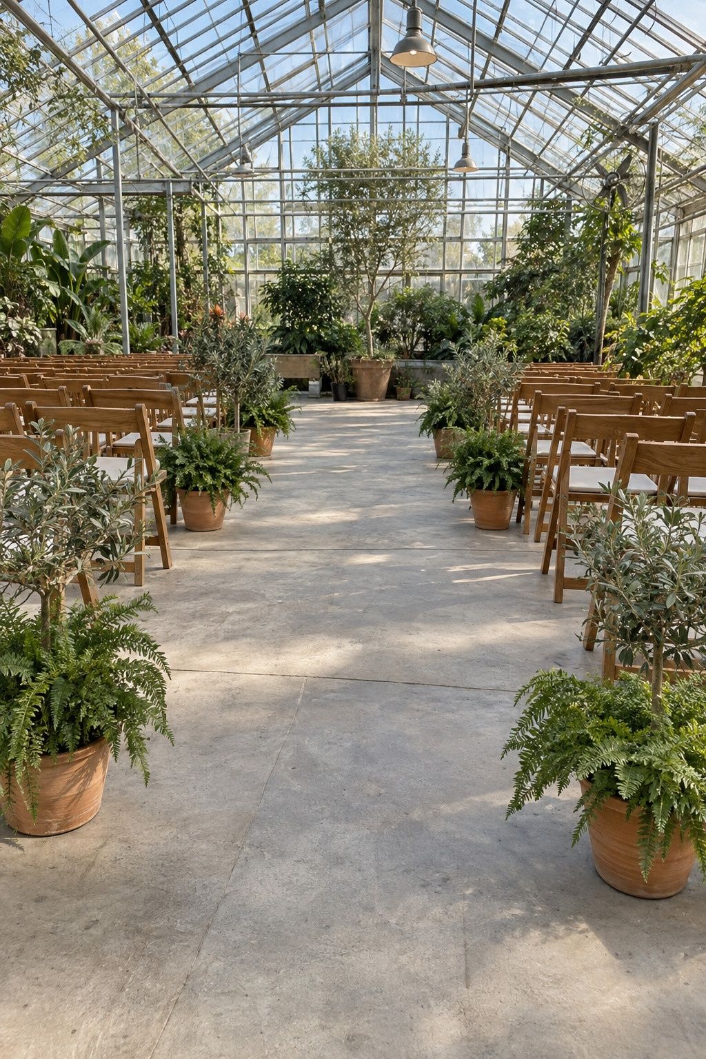 Greenhouse wedding idea: use potted plants as aisle markers