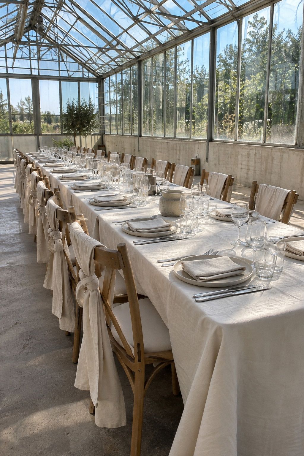 Greenhouse wedding idea: choose linen instead of heavy draping