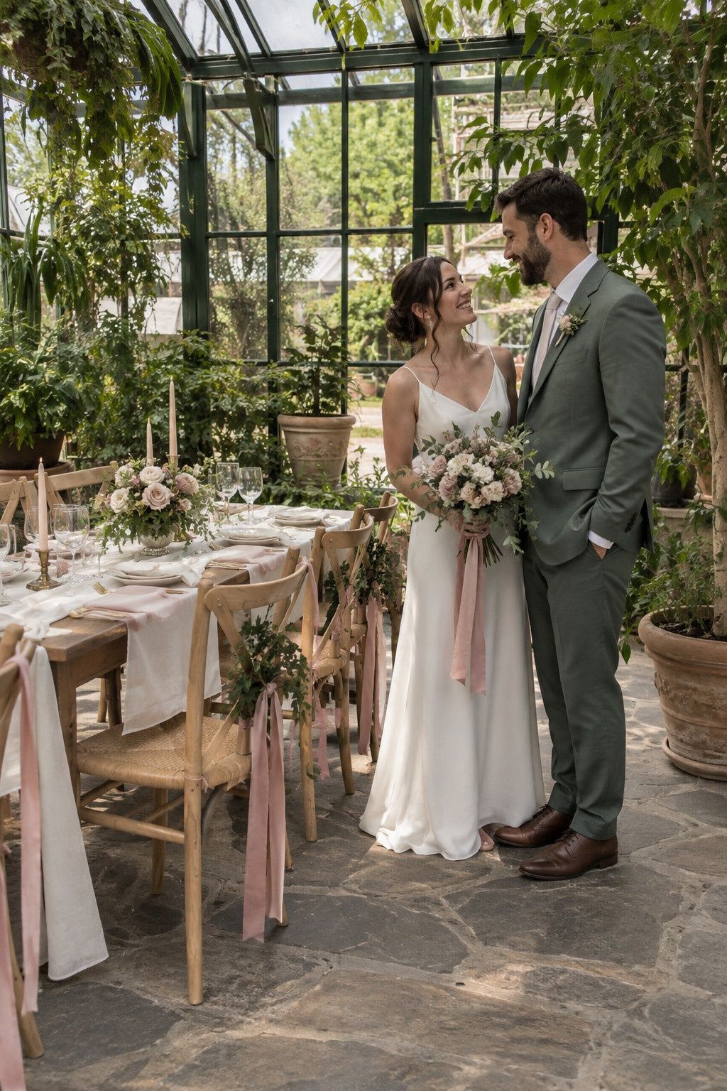 Greenhouse wedding idea: choose a palette that belongs with greenery