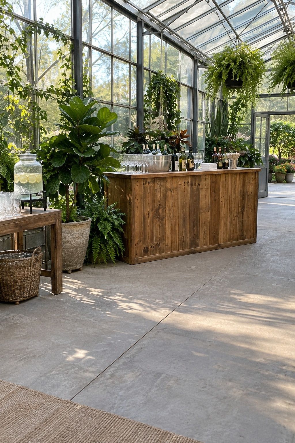 Greenhouse wedding idea: put the bar where guests will not bottleneck