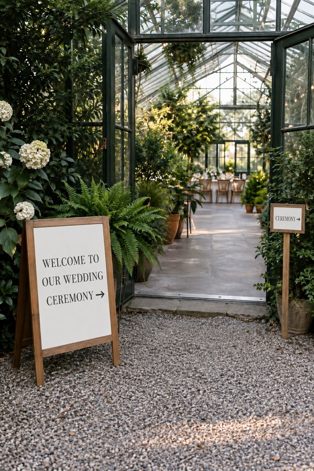 Greenhouse wedding entrance with a welcome sign and labeled ceremony direction