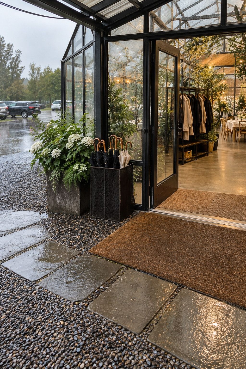Greenhouse wedding idea: build a rain plan around arrival and parking