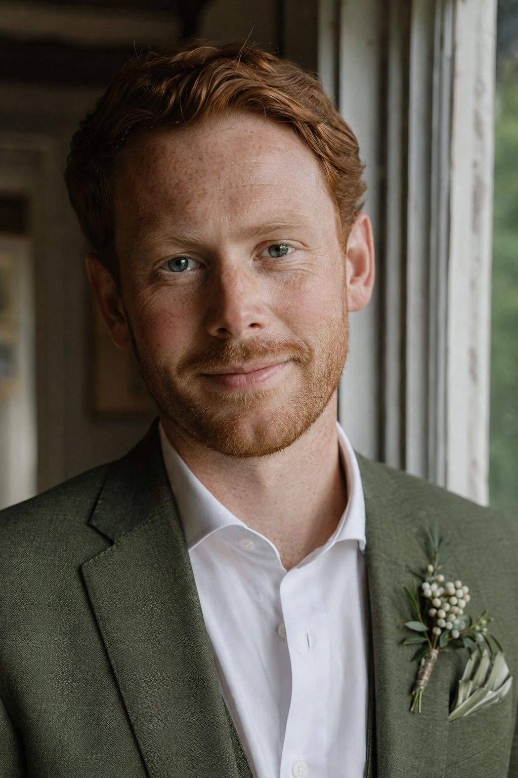 Freckled groom wearing a sheer skin tint with natural texture visible.