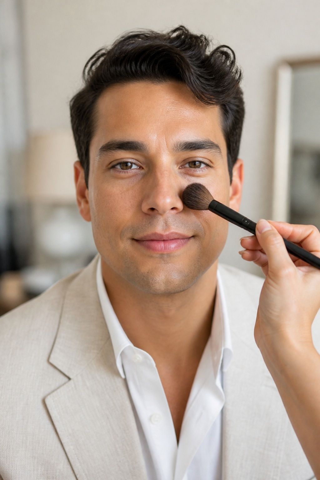 Light powder application controls shine around a groom’s nose.