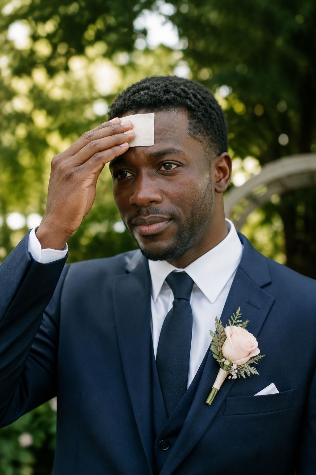Groom presses blotting paper to his forehead before garden portraits.