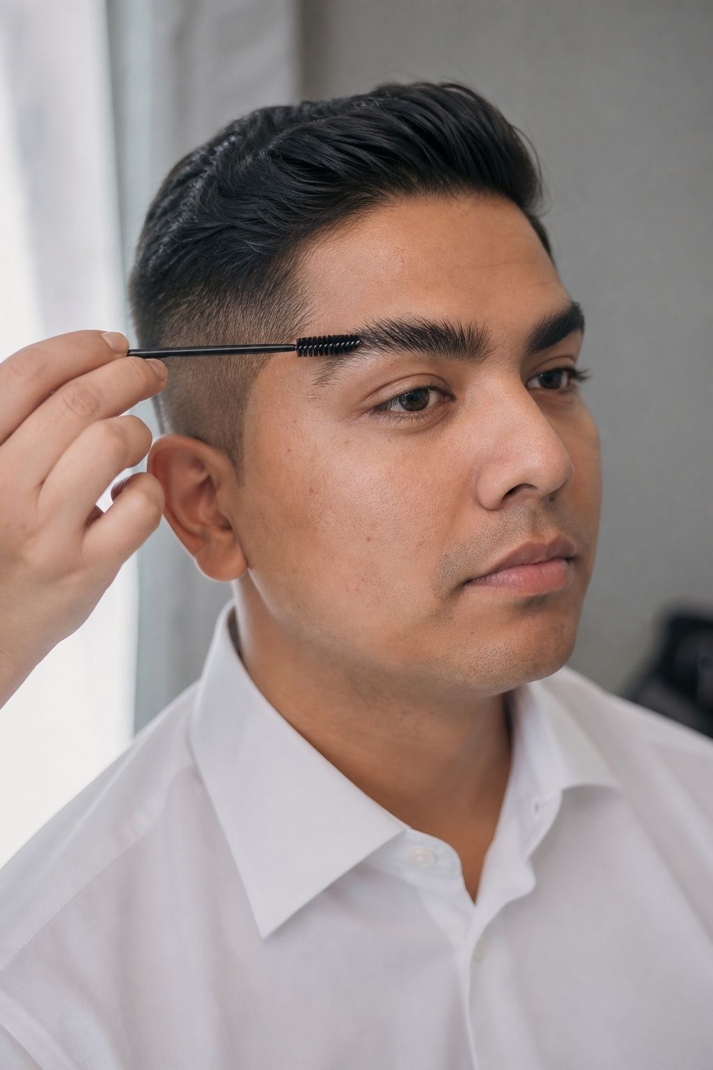 Clear brow gel brushes a groom’s eyebrow hairs upward and outward.