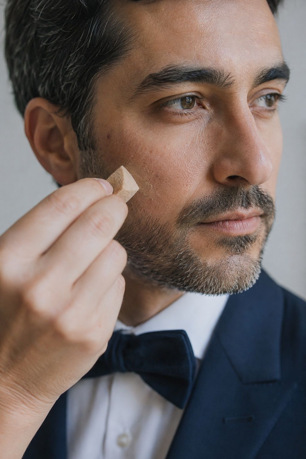 A sponge taps concealer into skin just above a groom’s stubble line.