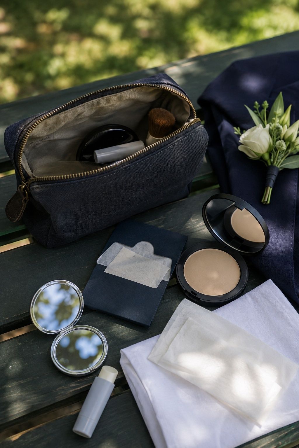 Portable groom touch-up kit with blotting papers, powder, balm and handkerchief.