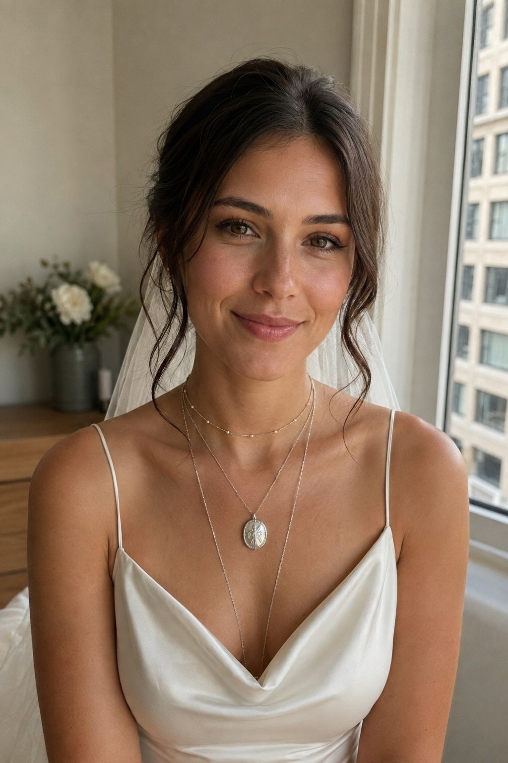 Locket necklace worn with a slip wedding dress