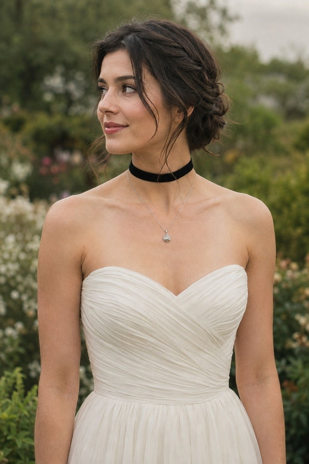 Choker and pendant with a strapless dress