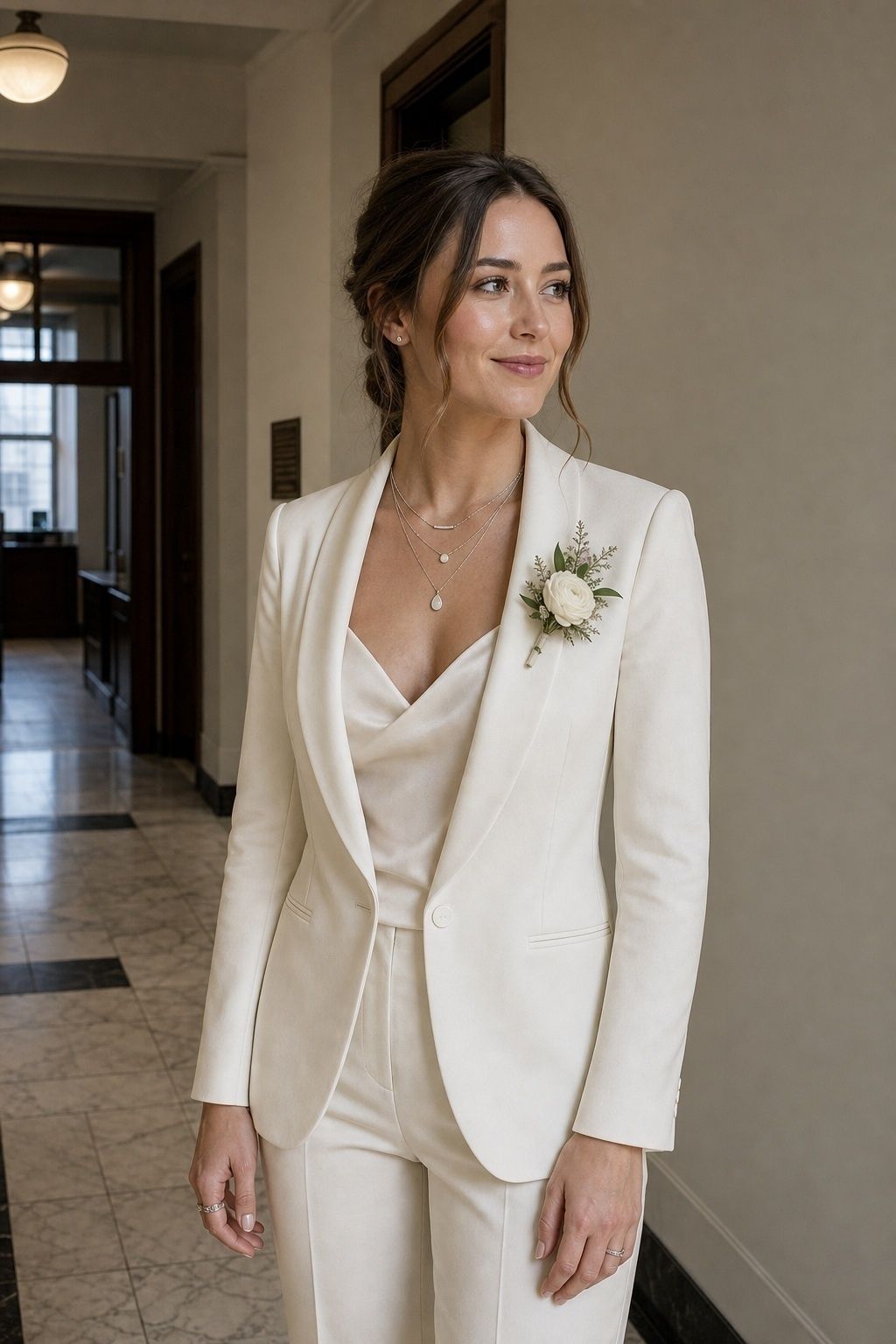 Short chain stack worn with a bridal suit