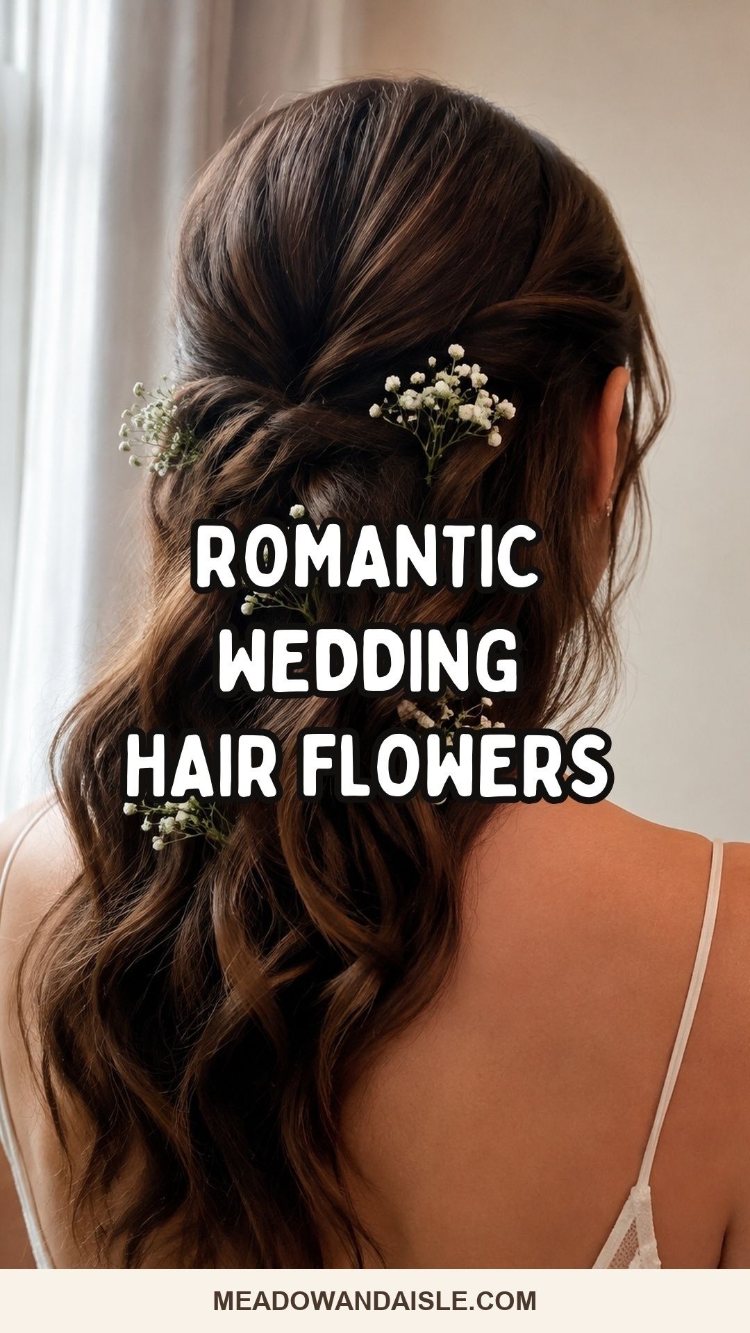 Pinterest pin for romantic wedding hair flowers and bloom-woven bridal hairstyles.