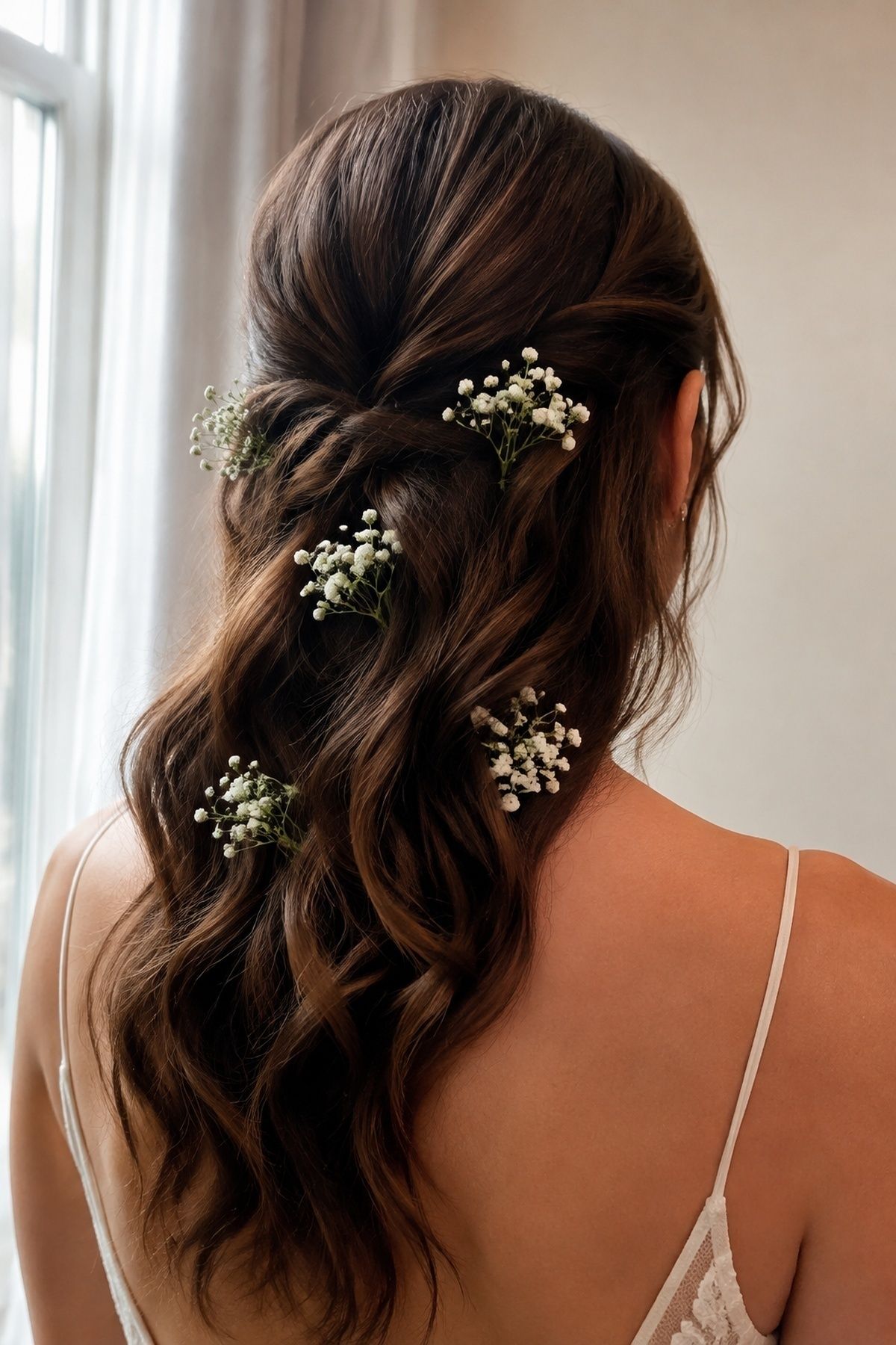 Baby’s Breath Tucked Into Loose Waves bridal hair flowers idea for an intimate wedding.