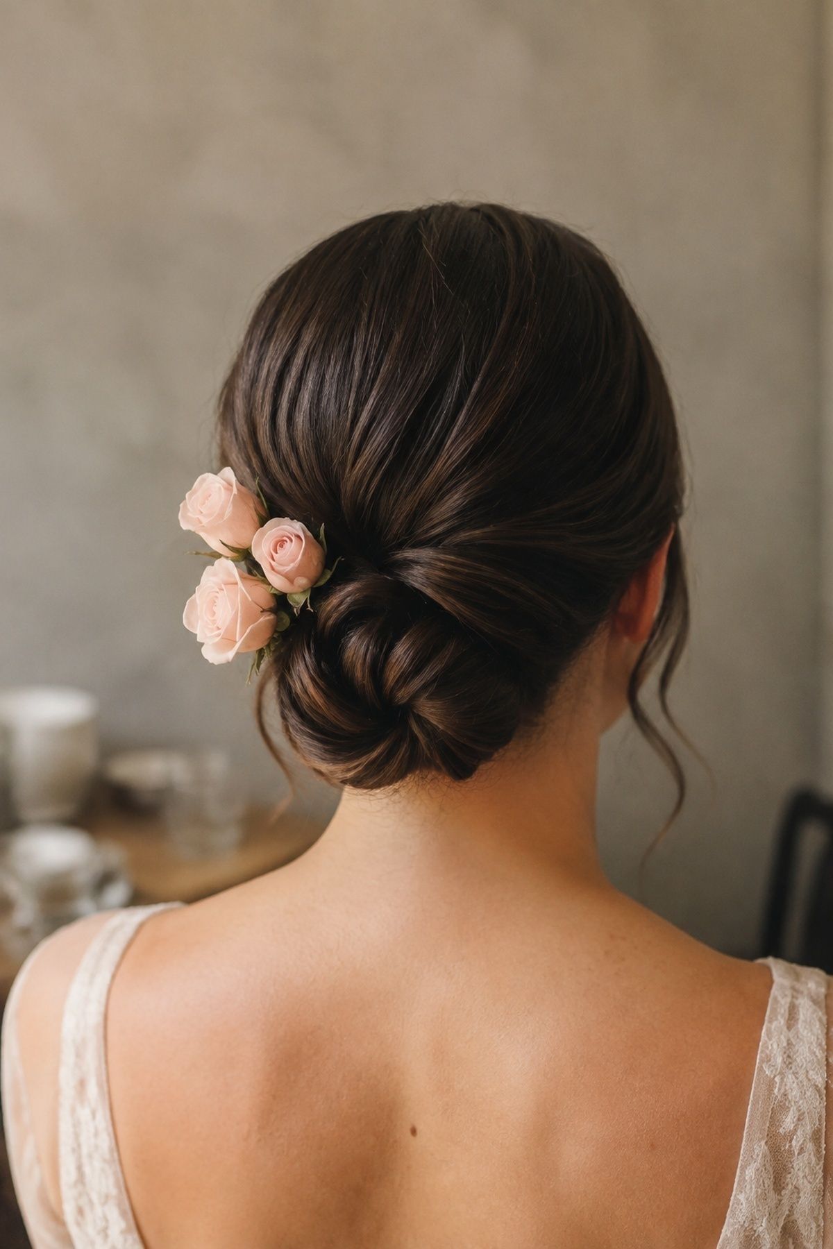 Spray roses pinned into a low bridal bun