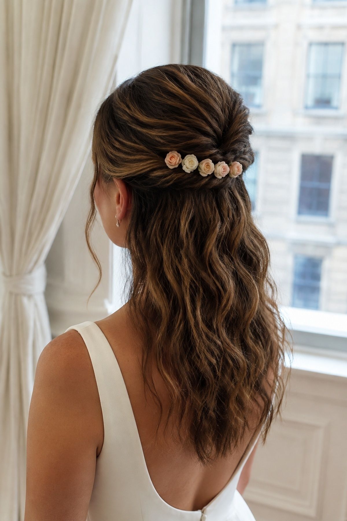 Half-up bridal hairstyle with tiny side blooms