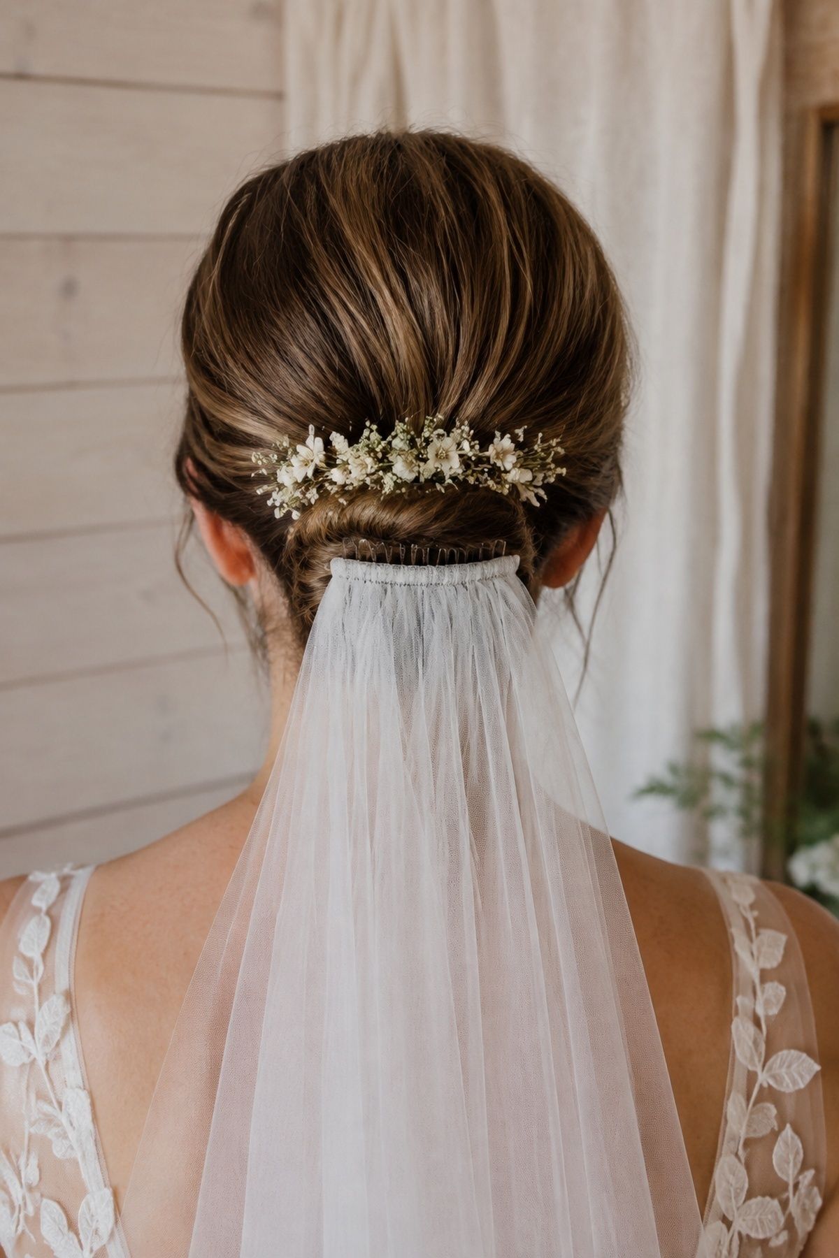 Floral comb placed above a wedding veil