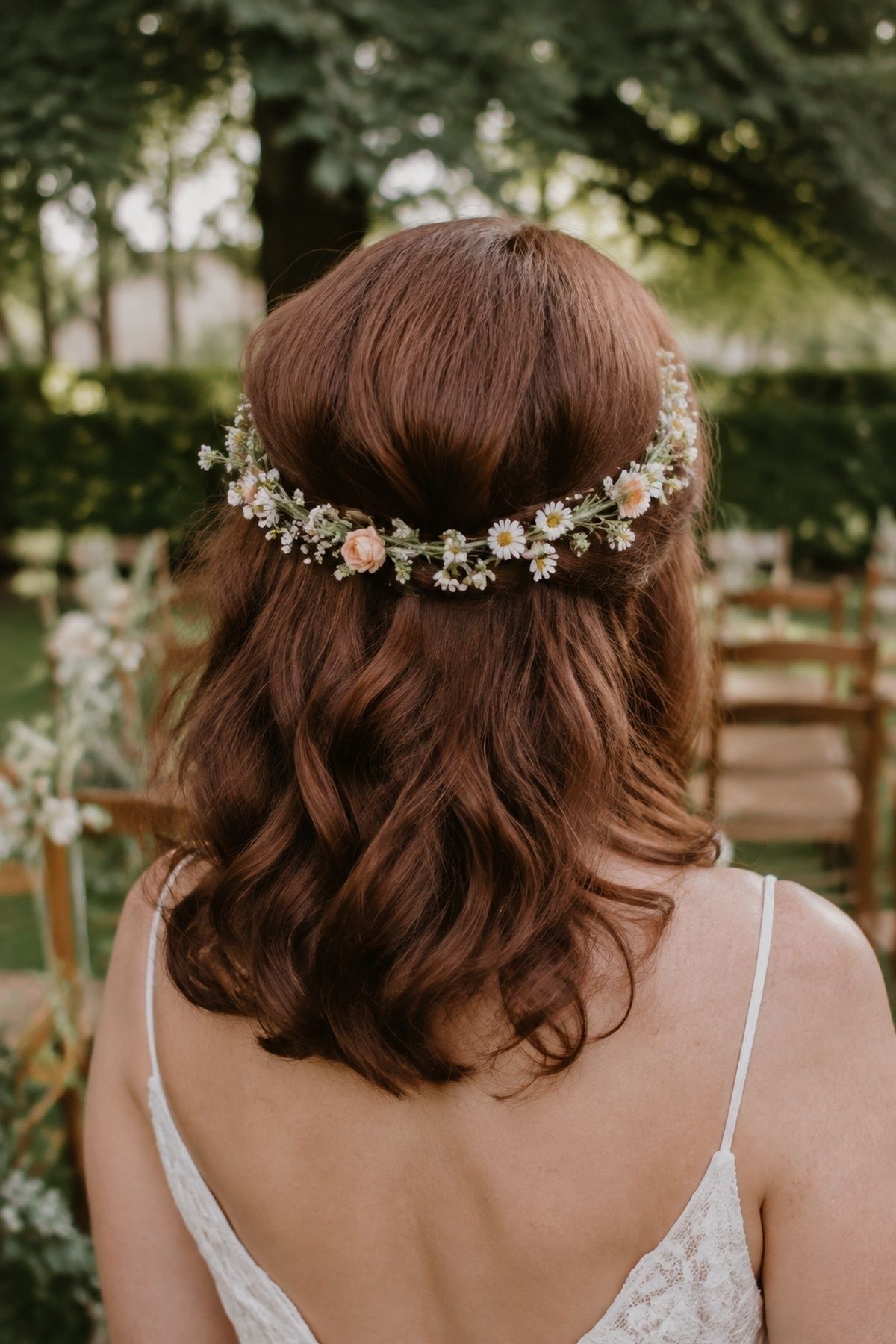 Soft flower crown of small garden flowers