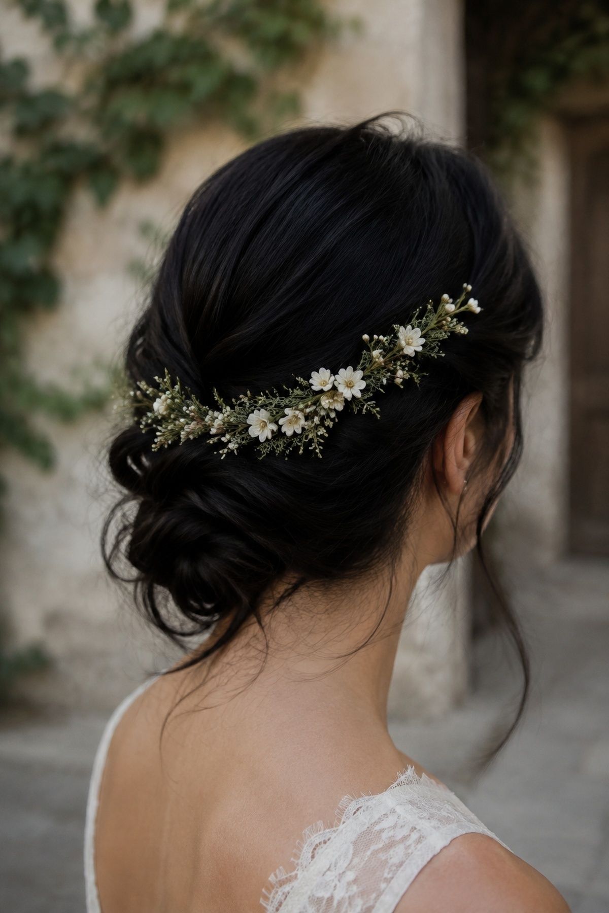 Partial floral crown for a lighter bridal look