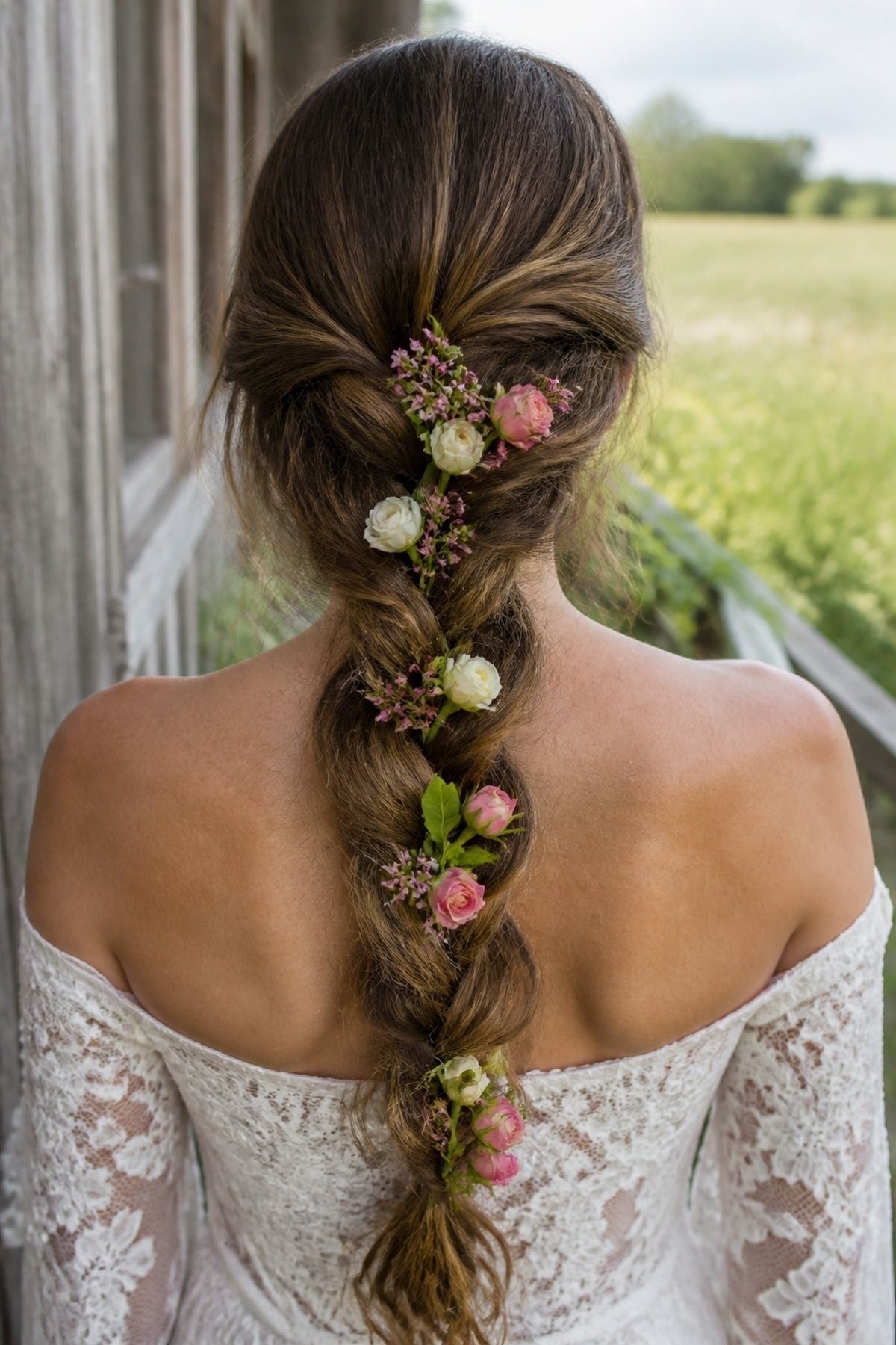 Fresh flowers woven into a bridal braid